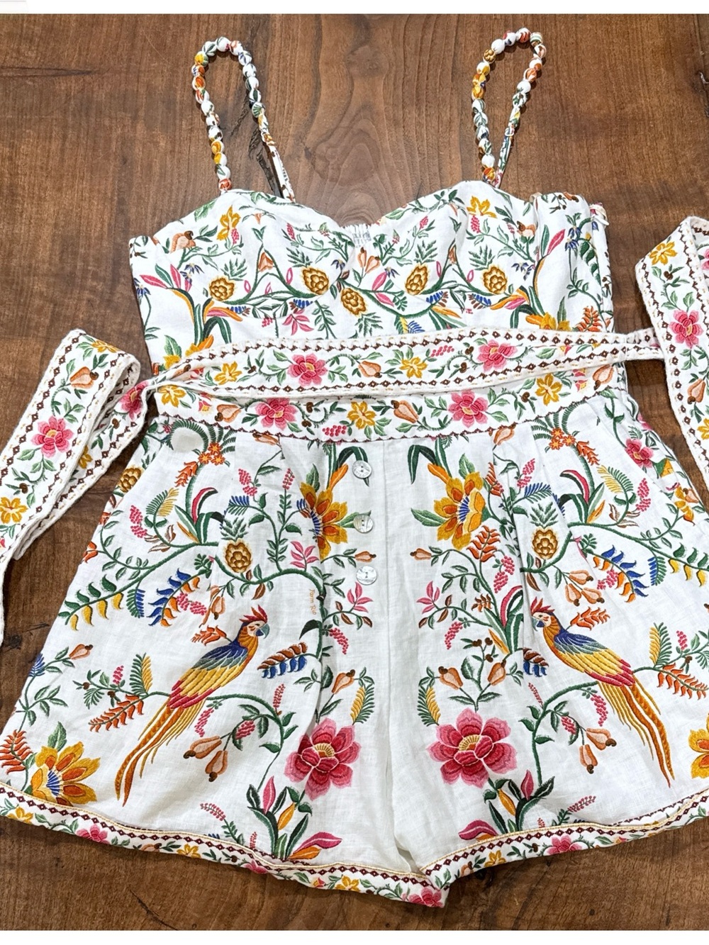 EUC FARM Rio Delicate Forest Macaw Parrot Birds Belted Boho 100% Linen Romper L - Picture 2 of 15